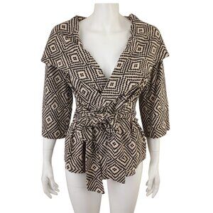 CALS Hooded Wrap Cardigan Jacket Beige Black Geometric